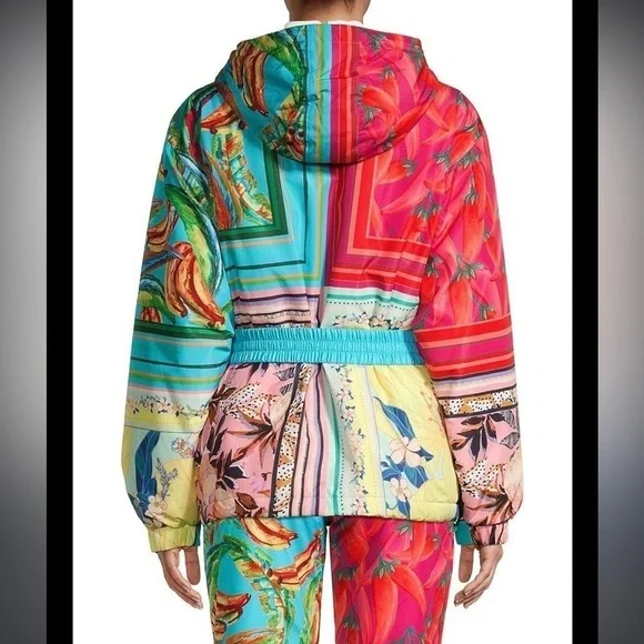 Farm Rio- NWT Multicolored Hooded Mix Scarves Printed Puffer Belted Ski Jacket - Picture 3 of 10